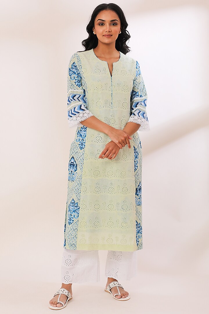 Lemon Yellow Digital Printed Schiffli Kurta Set by Sage Saga at Pernia's Pop Up Shop