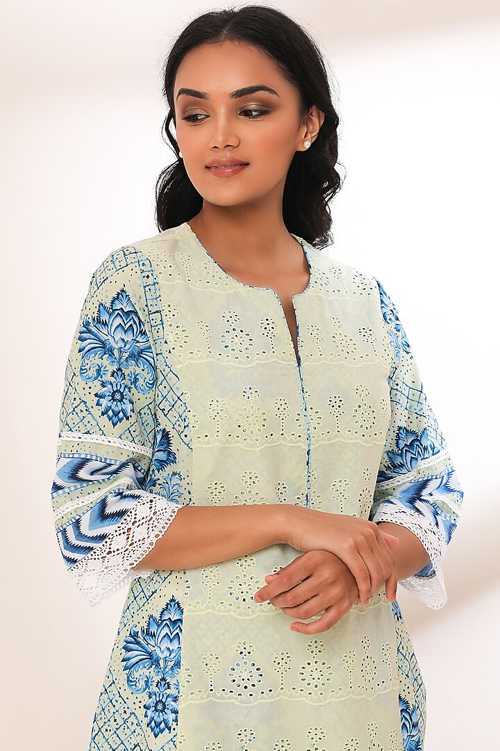 Lemon Yellow Digital Printed Schiffli Kurta Set by Sage Saga at Pernia's Pop Up Shop