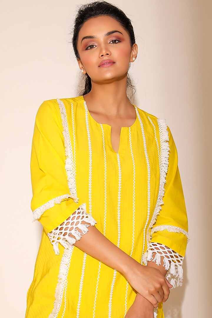 Yellow Striped Kurta Set by Sage Saga at Pernia's Pop Up Shop