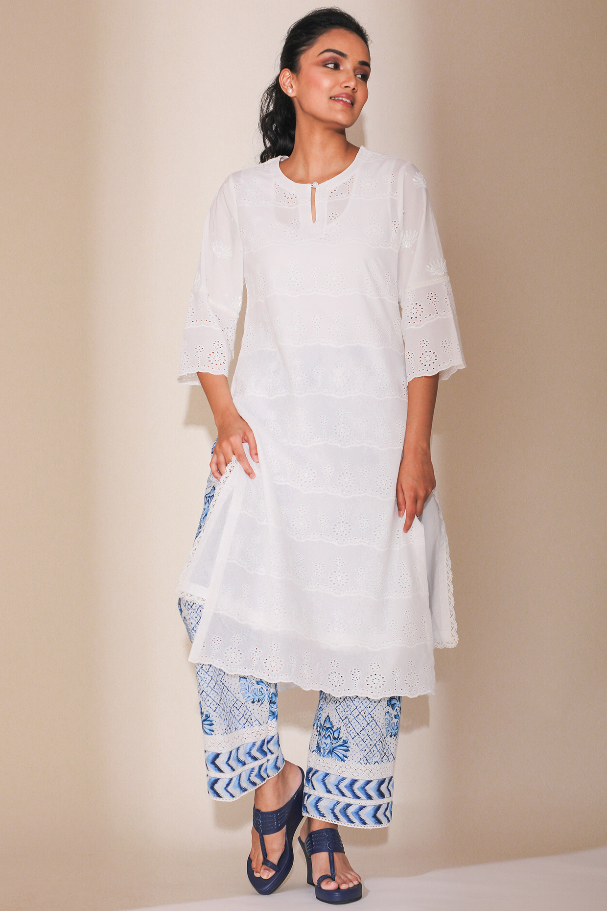 White Crochet work Kurti with ttractive Dupattas (NAVY BLUE)