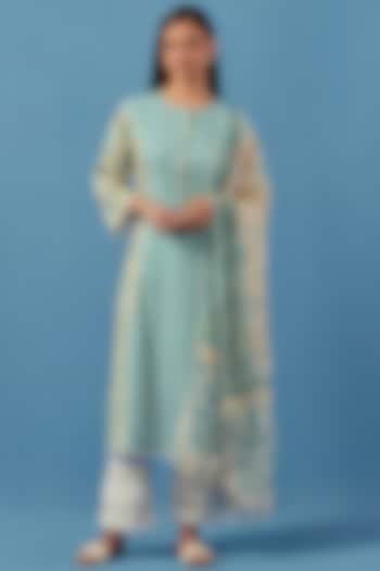 Lemon & Turquoise Lawn Cotton Kurta Set by Sage Saga at Pernia's Pop Up Shop