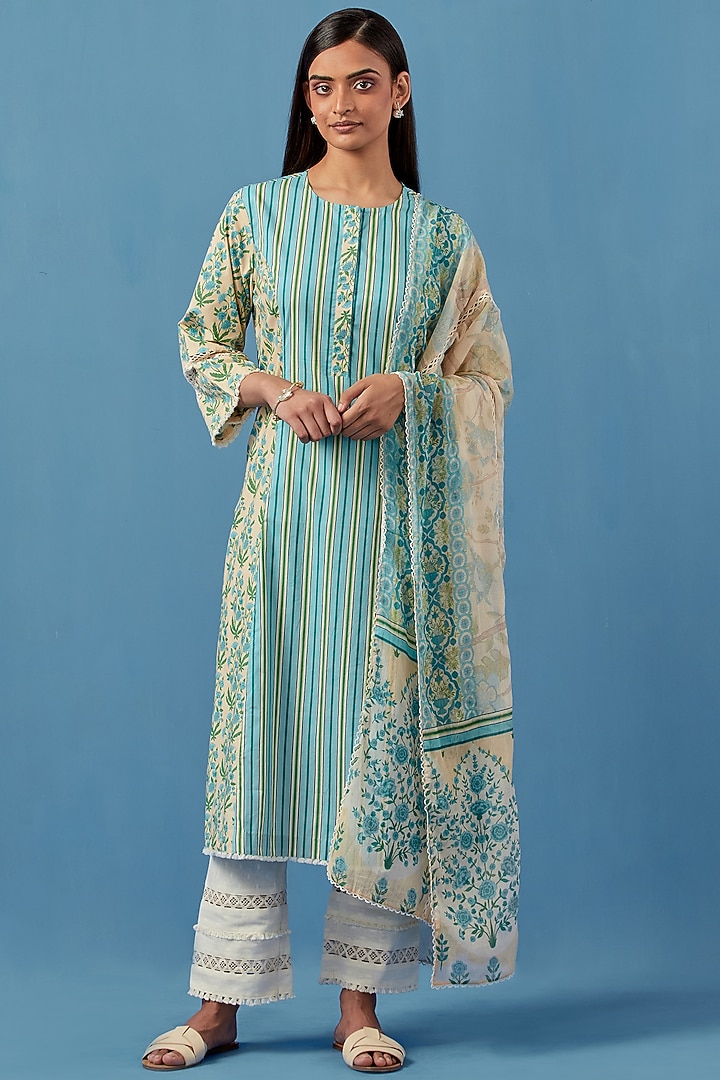 Lemon & Turquoise Lawn Cotton Kurta Set by Sage Saga at Pernia's Pop Up Shop