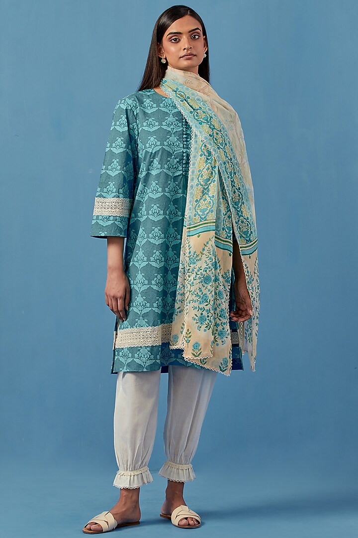 Turquoise Lawn Cotton Kurta Set by Sage Saga at Pernia's Pop Up Shop