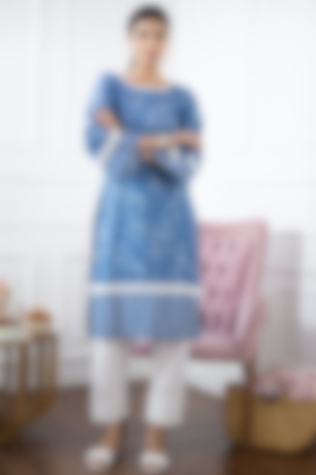 Cobalt Blue Floral Printed Kurta With Salwar Pants by Sage Saga at Pernia's Pop Up Shop