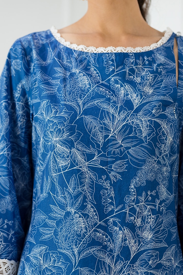 Cobalt Blue Floral Printed Kurta With Salwar Pants by Sage Saga at Pernia's Pop Up Shop