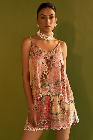 Pink Modal Print & Cutwork Embroidered Camisole Top by Sage Saga