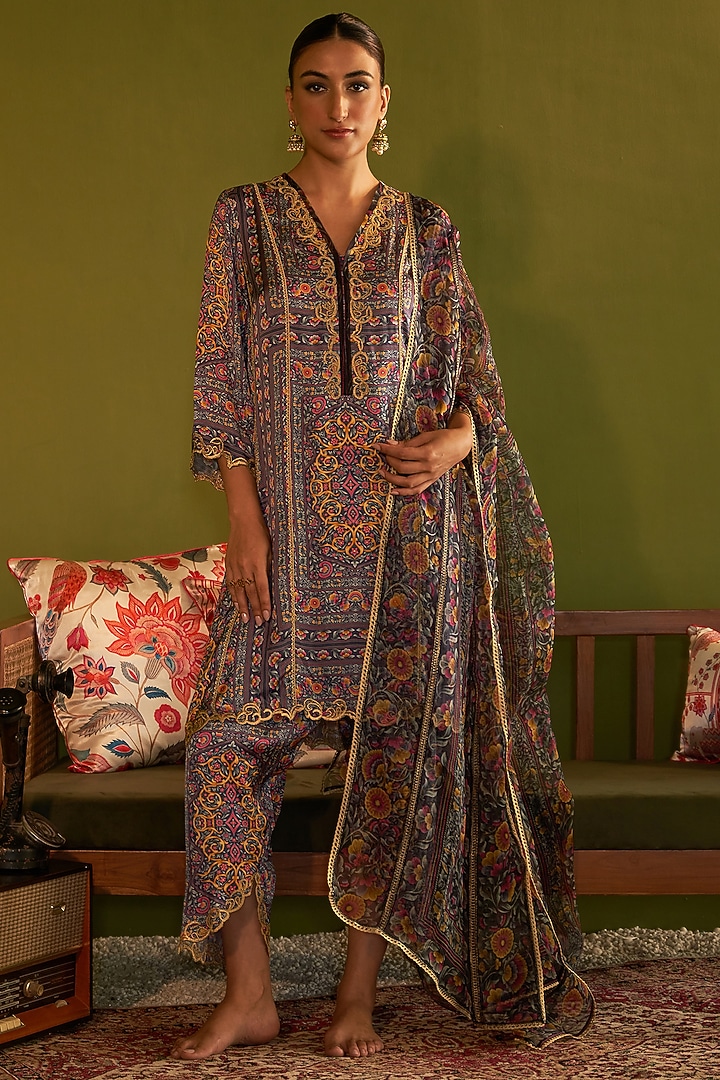 Blue Satin Silk Printed & Zari Embroidered Tunic Set by Sage Saga at Pernia's Pop Up Shop