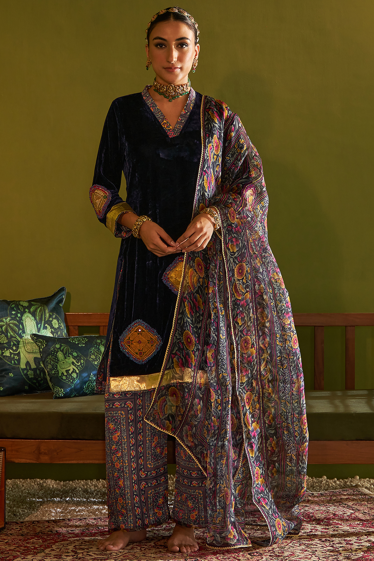 Blue Velvet Silk Gota Short Kurta Set by Sage Saga at Pernia's Pop Up Shop