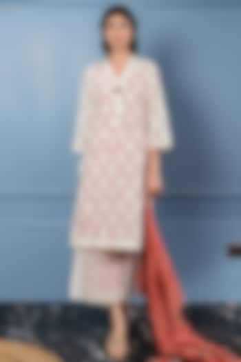 White & Red Embroidered Silk Kurta Set by Sage Saga at Pernia's Pop Up Shop