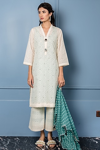 White & Turquoise Embroidered Silk Kurta Set by Sage Saga