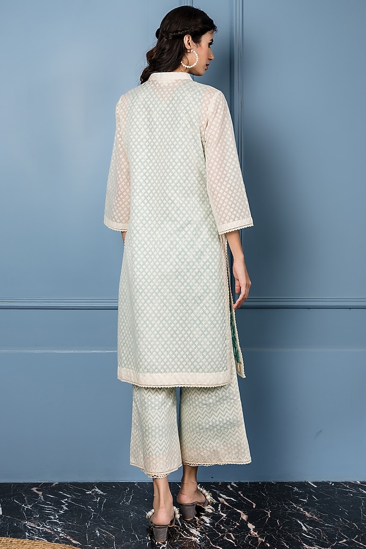 White & Turquoise Embroidered Silk Kurta Set by Sage Saga at Pernia's Pop Up Shop
