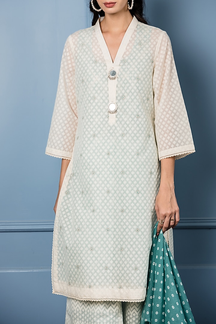 White & Turquoise Embroidered Silk Kurta Set by Sage Saga at Pernia's Pop Up Shop