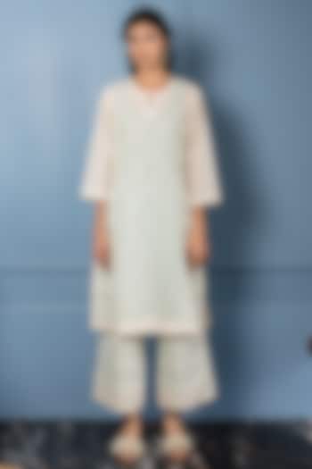 White & Turquoise Lace Embroidered Kurta Set  by Sage Saga at Pernia's Pop Up Shop