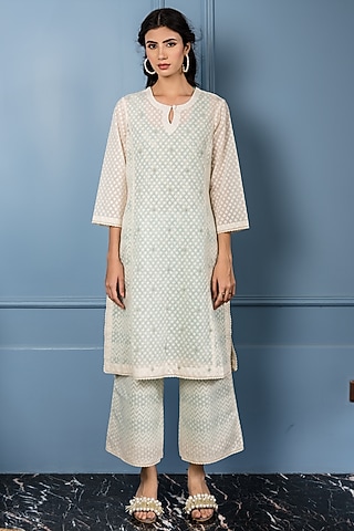 White & Turquoise Lace Embroidered Kurta Set  by Sage Saga