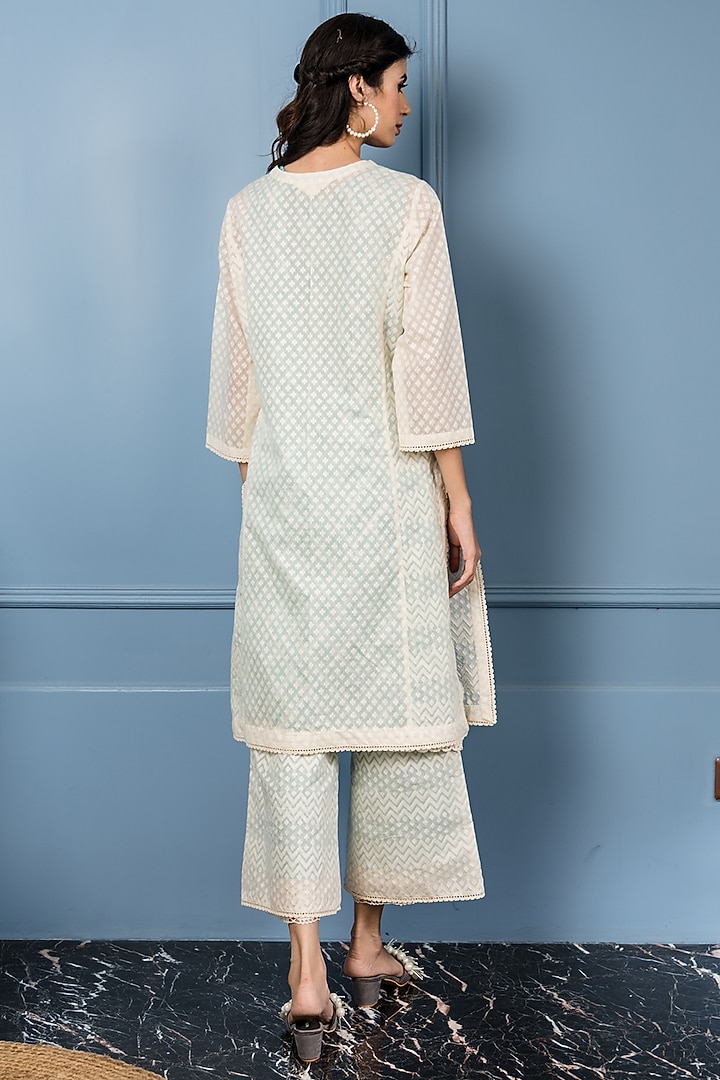 White & Turquoise Lace Embroidered Kurta Set  by Sage Saga at Pernia's Pop Up Shop
