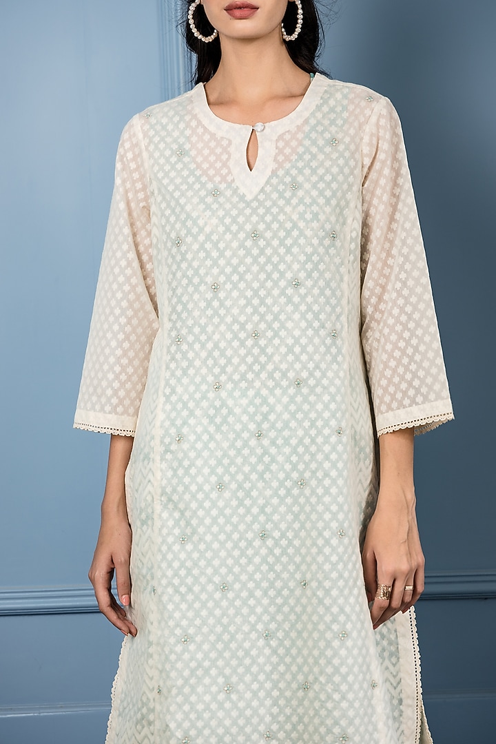White & Turquoise Lace Embroidered Kurta Set  by Sage Saga at Pernia's Pop Up Shop