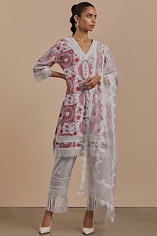 White Printed Kurta Set by Sage Saga