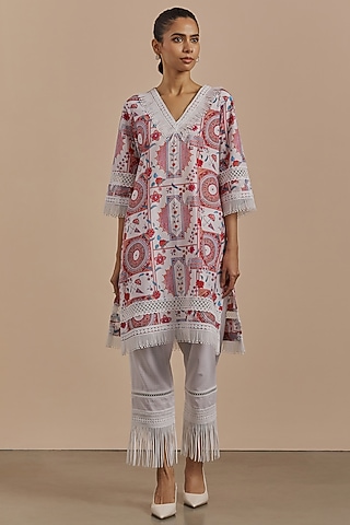 White Cotton Printed Kurta by Sage Saga
