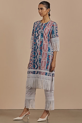 Peacock Blue Cotton Printed Kurta by Sage Saga