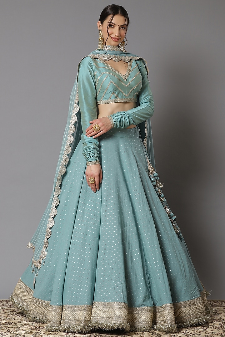 Dust Blue Cotton Chanderi Wedding Lehenga Set by Shikhar Sharma at Pernia's Pop Up Shop