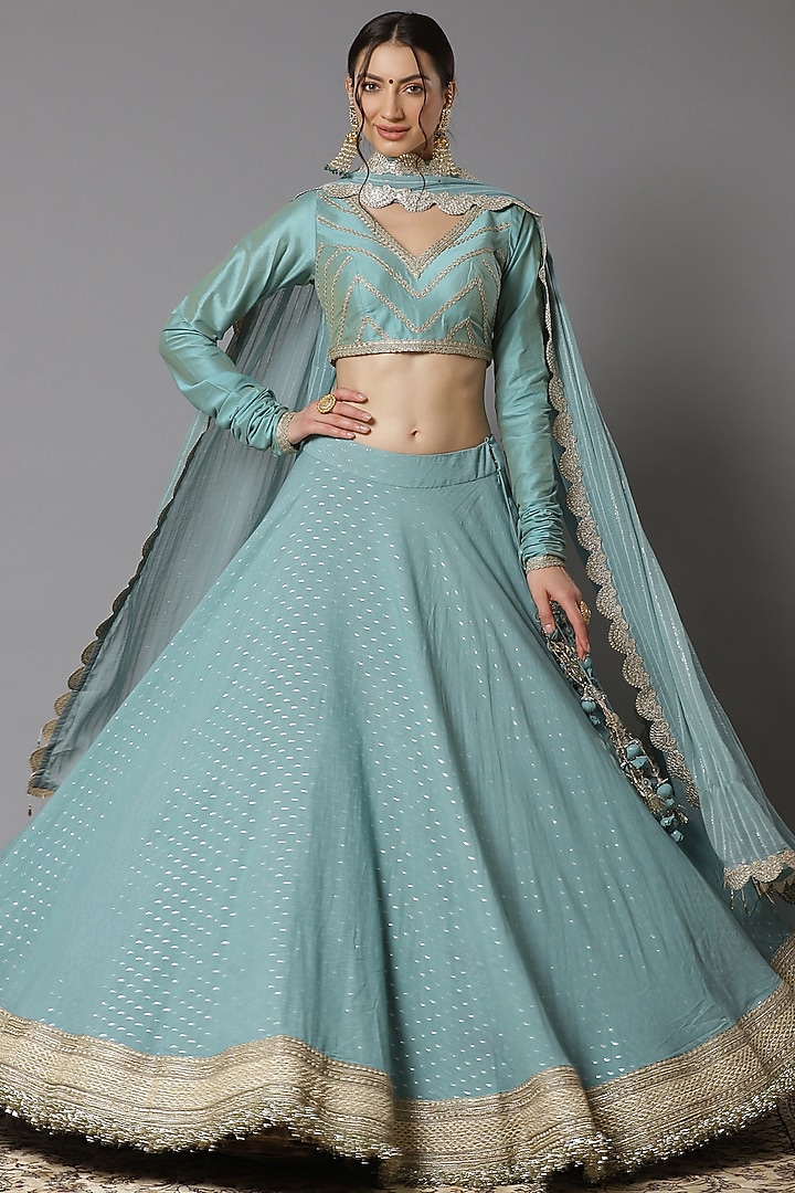 Dust Blue Cotton Chanderi Wedding Lehenga Set by Shikhar Sharma at Pernia's Pop Up Shop