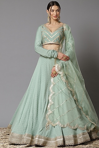 Dust Green Cotton Chanderi Lehenga Set by Shikhar Sharma