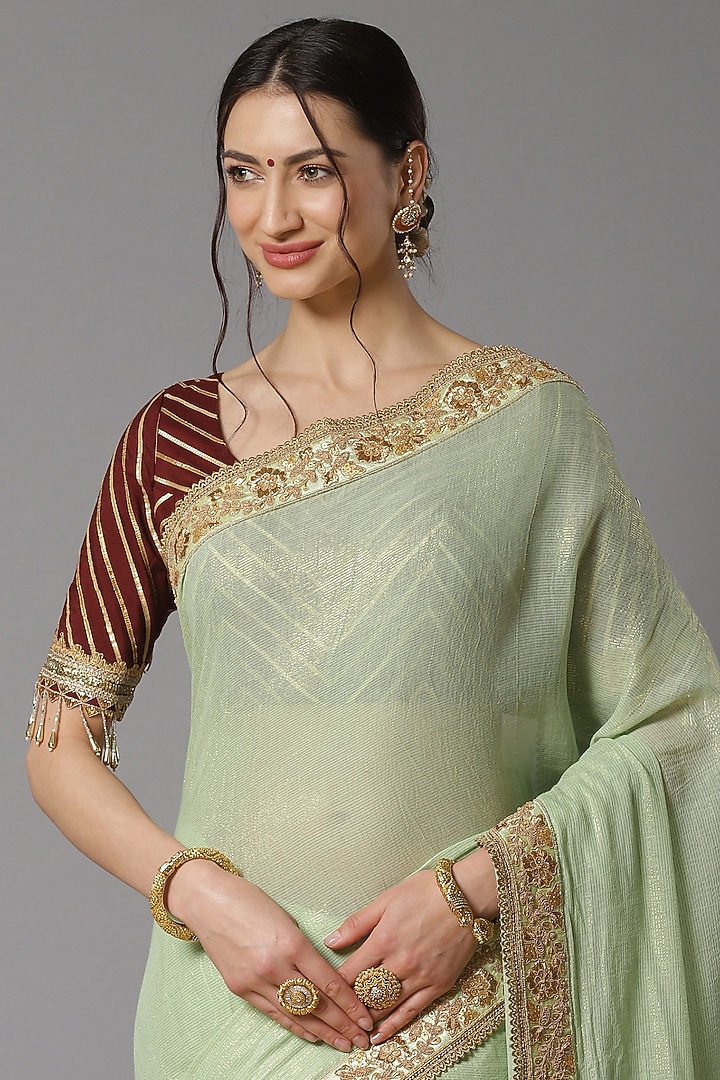 Mint Gold Embroidered Wedding Saree Set by Shikhar Sharma at Pernia's Pop Up Shop
