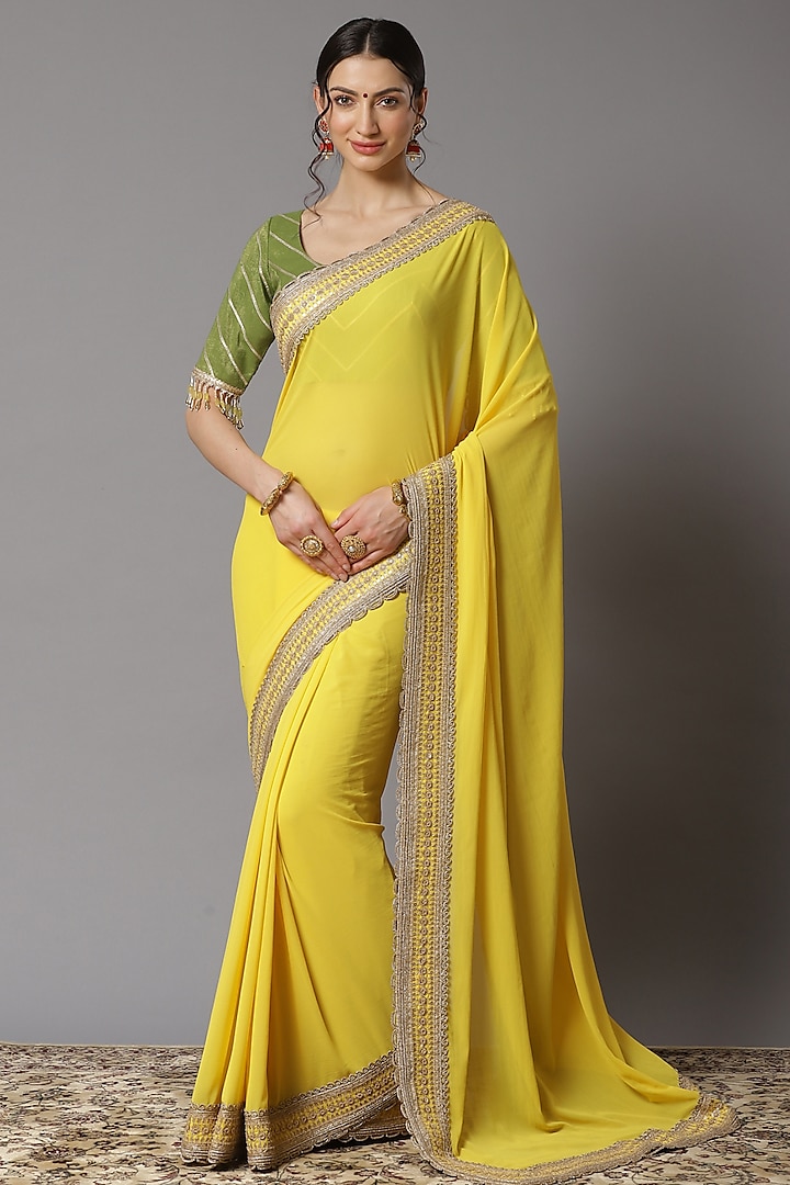 Yellow Georgette Embroidered Saree Set by Shikhar Sharma