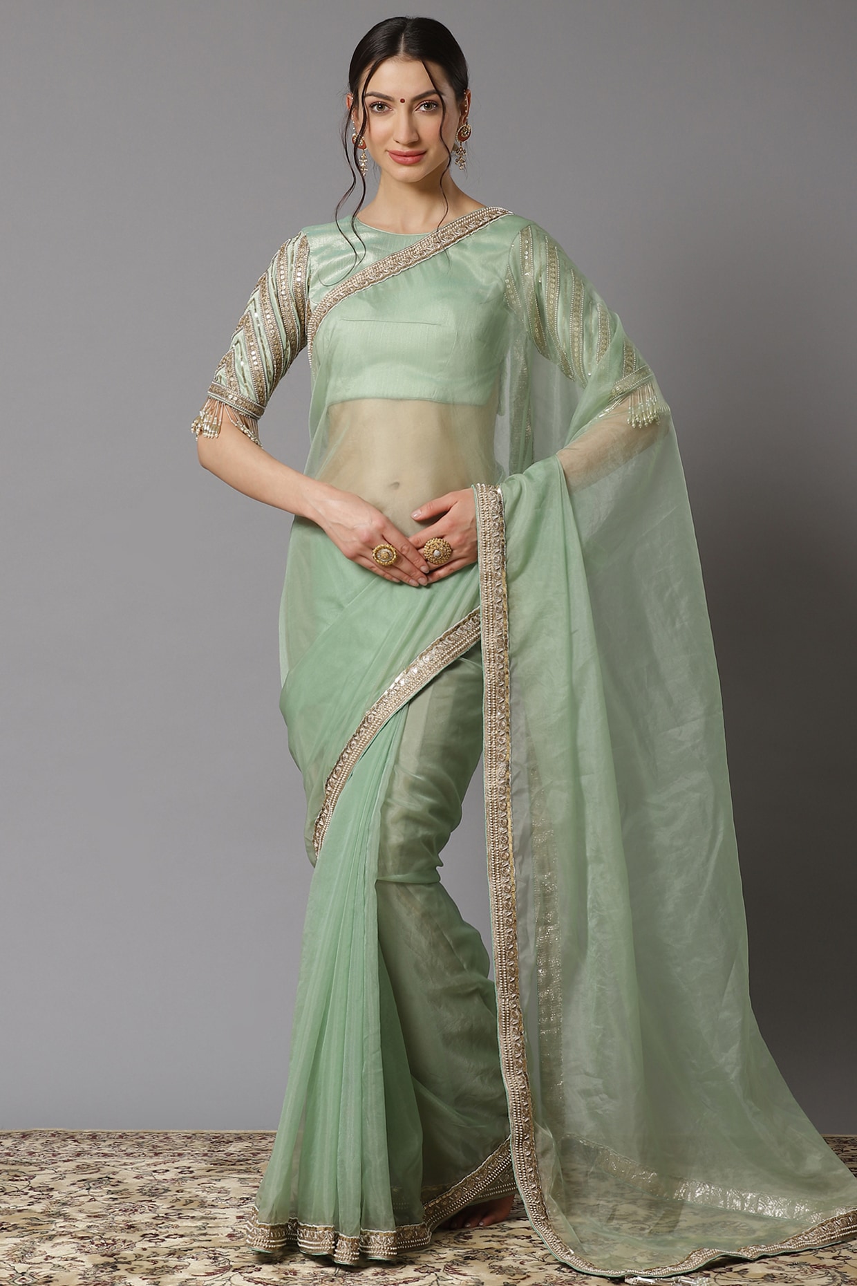 Shop Wide Range Mint Green Organza Printed Saree|SARV124207