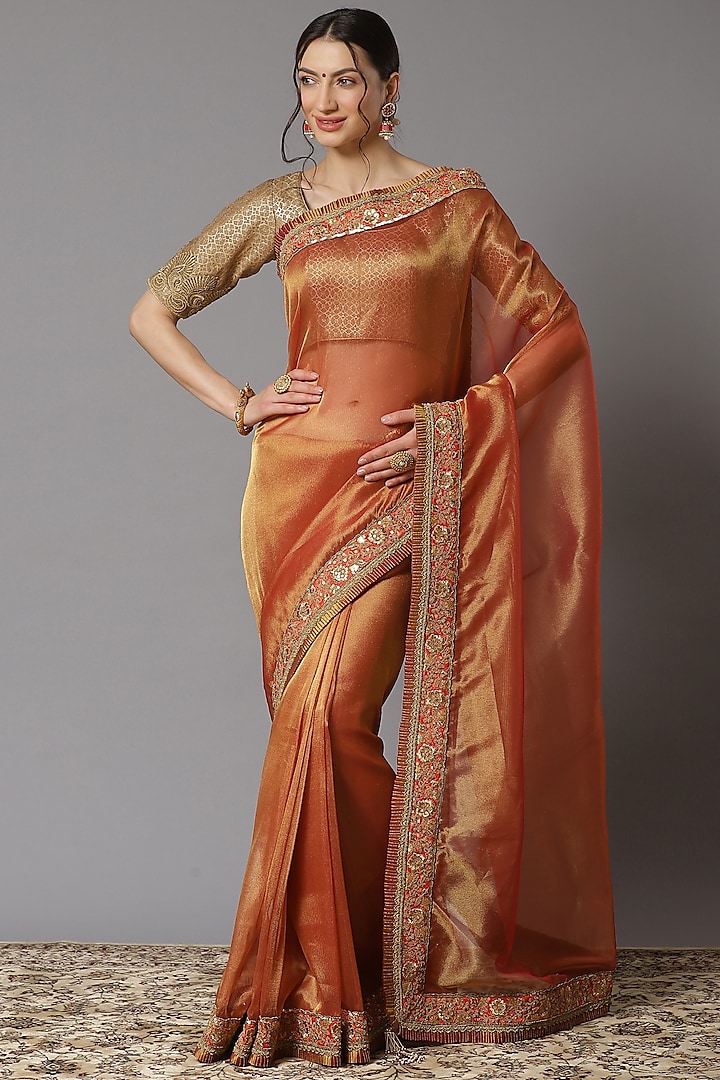 Orange Gold Metallic Tissue Saree Set by Shikhar Sharma