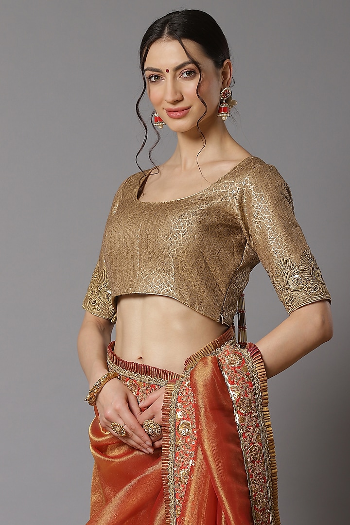 Orange Gold Metallic Tissue Wedding Saree Set by Shikhar Sharma at Pernia's Pop Up Shop