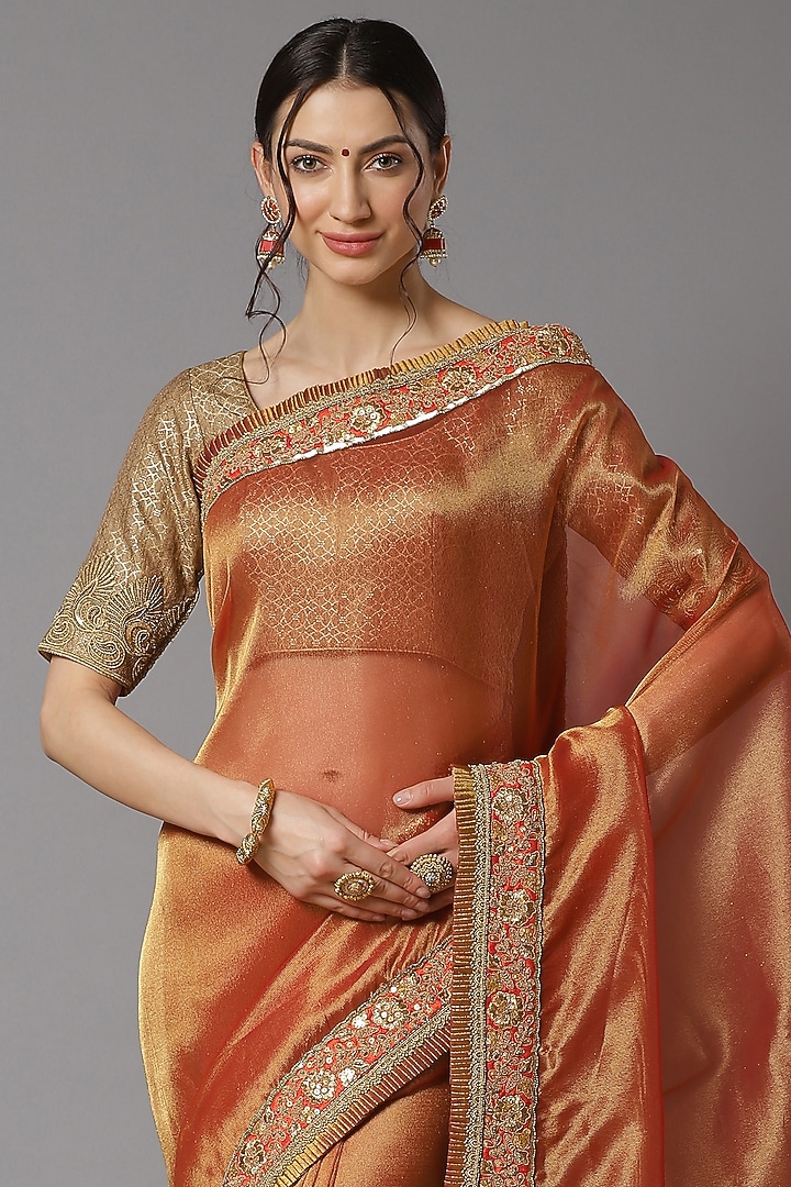 Orange Gold Metallic Tissue Wedding Saree Set by Shikhar Sharma at Pernia's Pop Up Shop