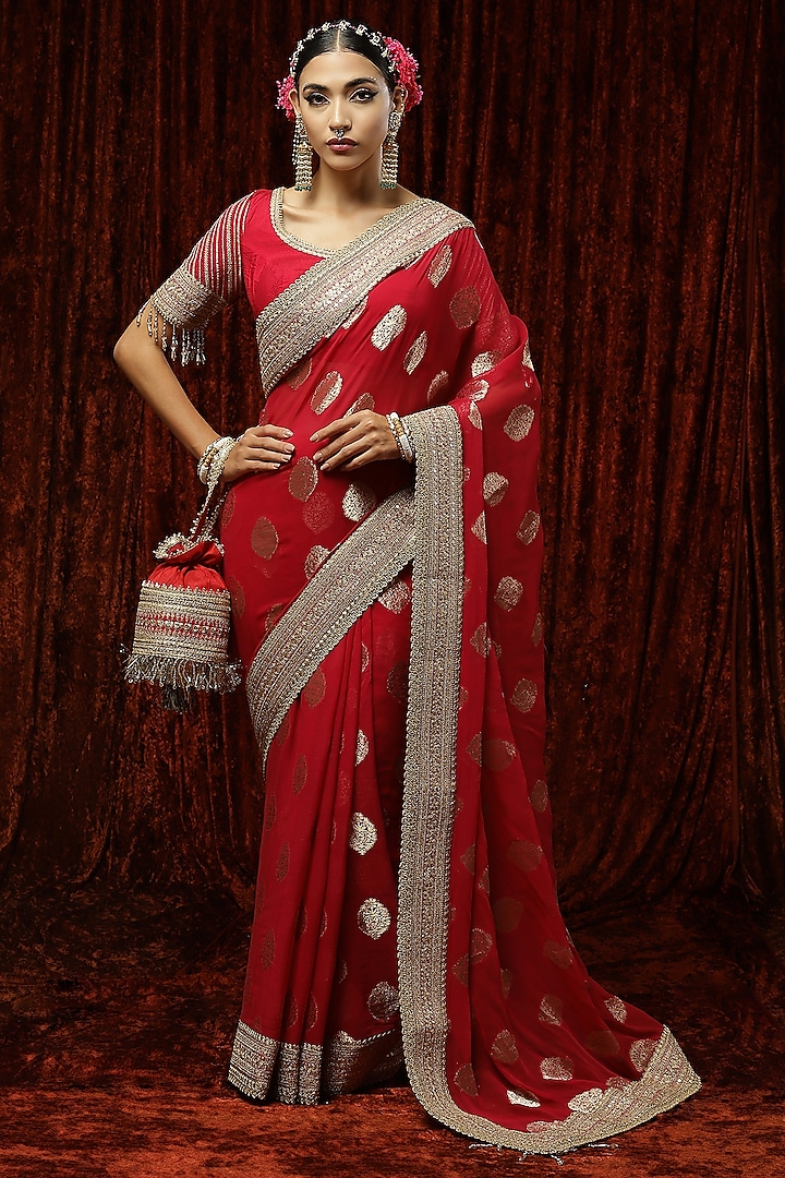 Red Georgette Embroidered Saree Set by Shikhar Sharma