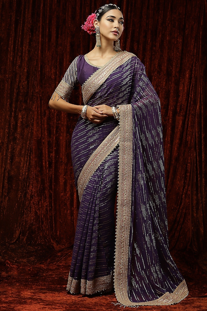 Purple Georgette Embroidered Saree Set by Shikhar Sharma