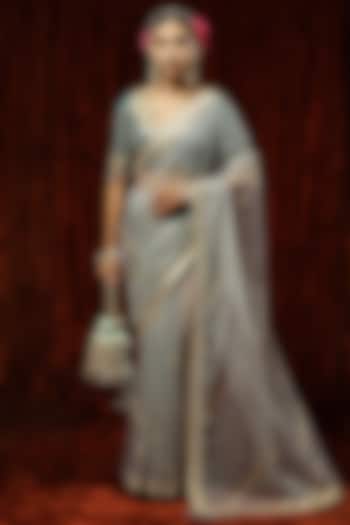 Dusty Blue Georgette Embroidered Wedding Saree Set by Shikhar Sharma at Pernia's Pop Up Shop