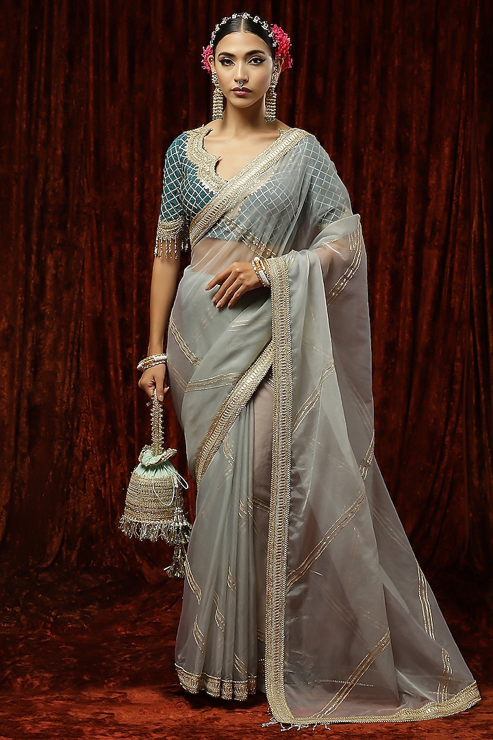 Dusty Blue Georgette Embroidered Saree Set by Shikhar Sharma