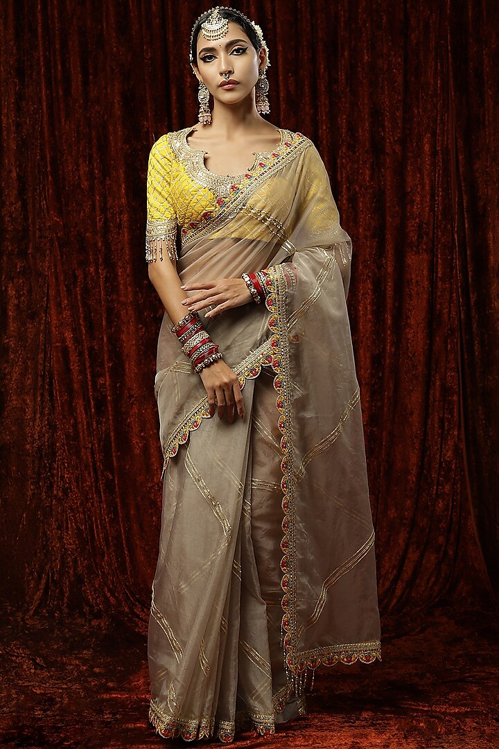Brown Silk Organza Embroidered Saree Set by Shikhar Sharma