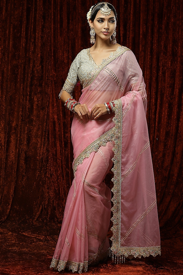 Pink Silk Organza Embroidered Saree Set by Shikhar Sharma