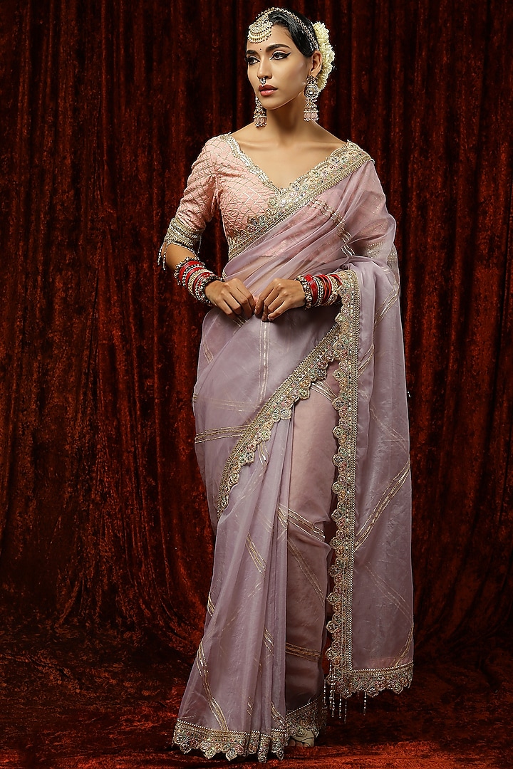 Lilac & Pink Silk Organza Embroidered Saree Set by Shikhar Sharma