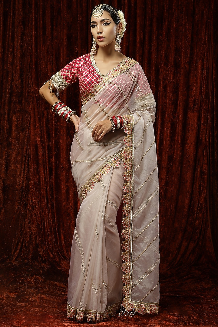 Light Peach Silk Organza Embroidered Wedding Saree Set by Shikhar Sharma at Pernia's Pop Up Shop