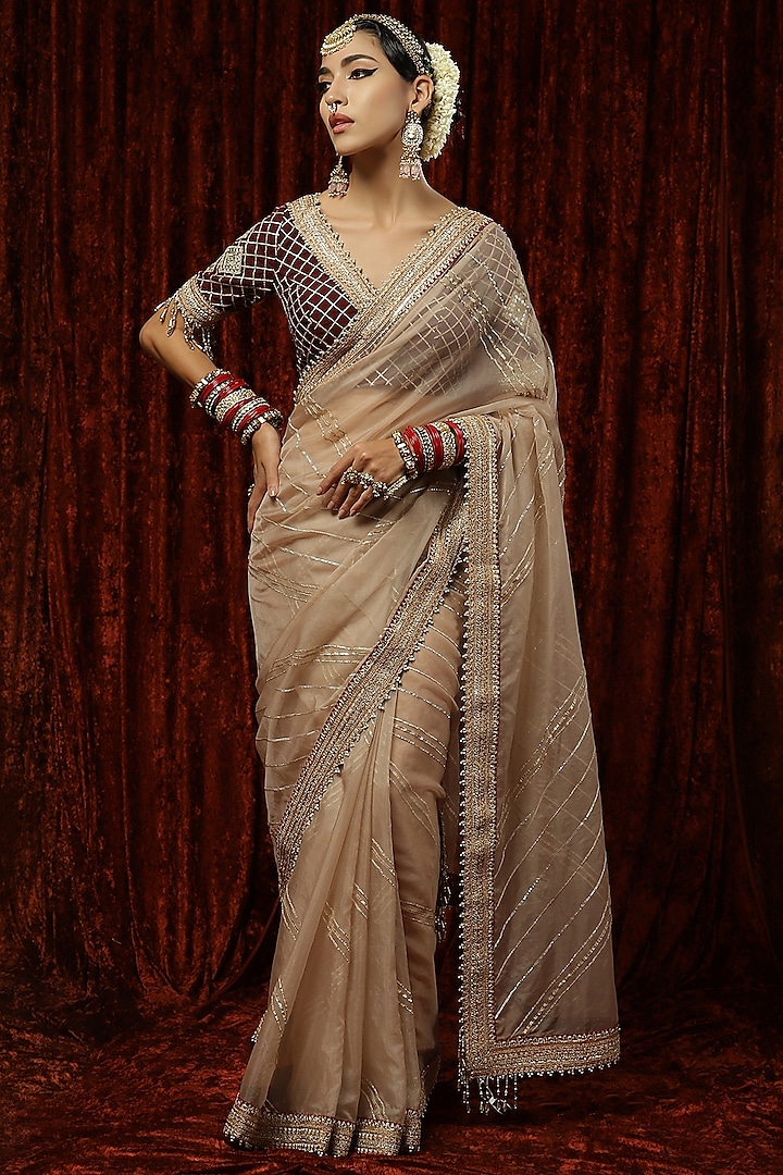 Rose Gold Silk Organza Pearl & Badla Work Saree Set by Shikhar Sharma