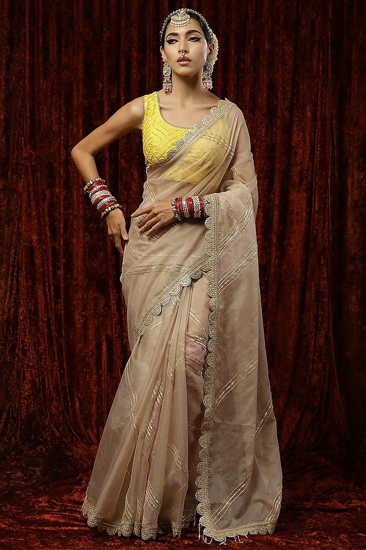 Light Gold Pink Silk Organza Embroidered Saree Set by Shikhar Sharma