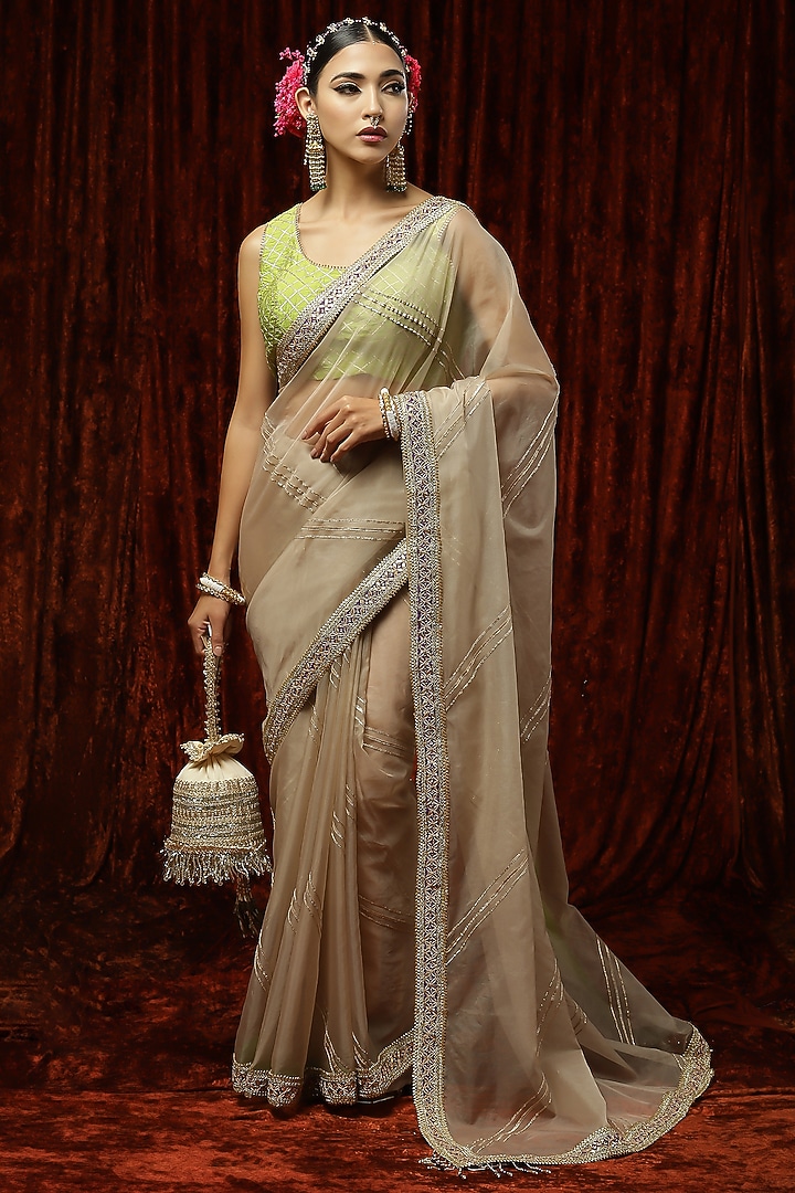 Brown Silk Organza Badla & Kasab Work Party Wear Saree Set by Shikhar Sharma at Pernia's Pop Up Shop