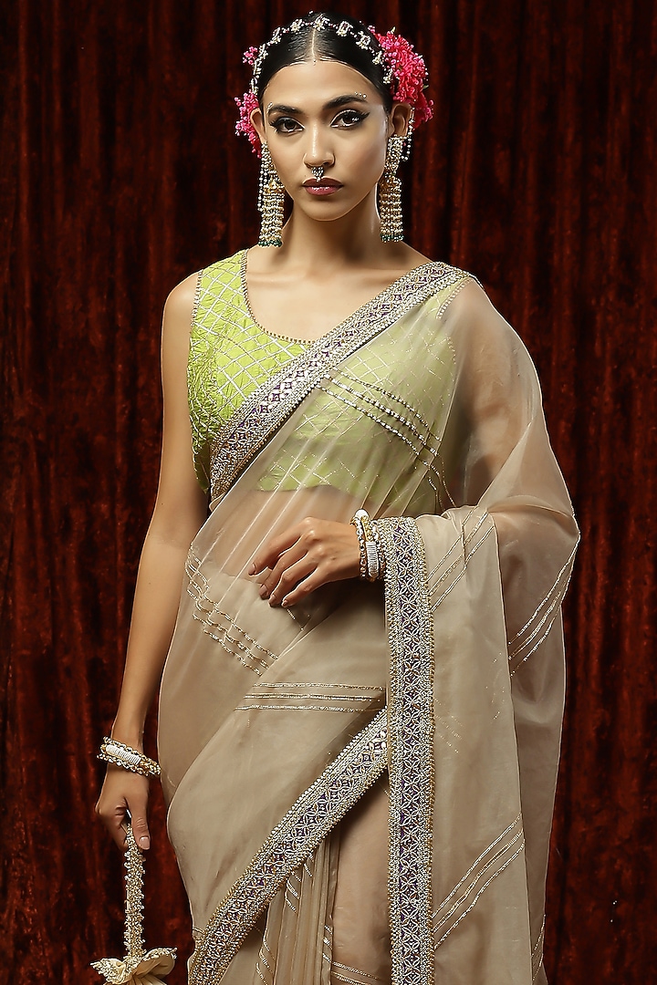 Brown Silk Organza Badla & Kasab Work Party Wear Saree Set by Shikhar Sharma at Pernia's Pop Up Shop