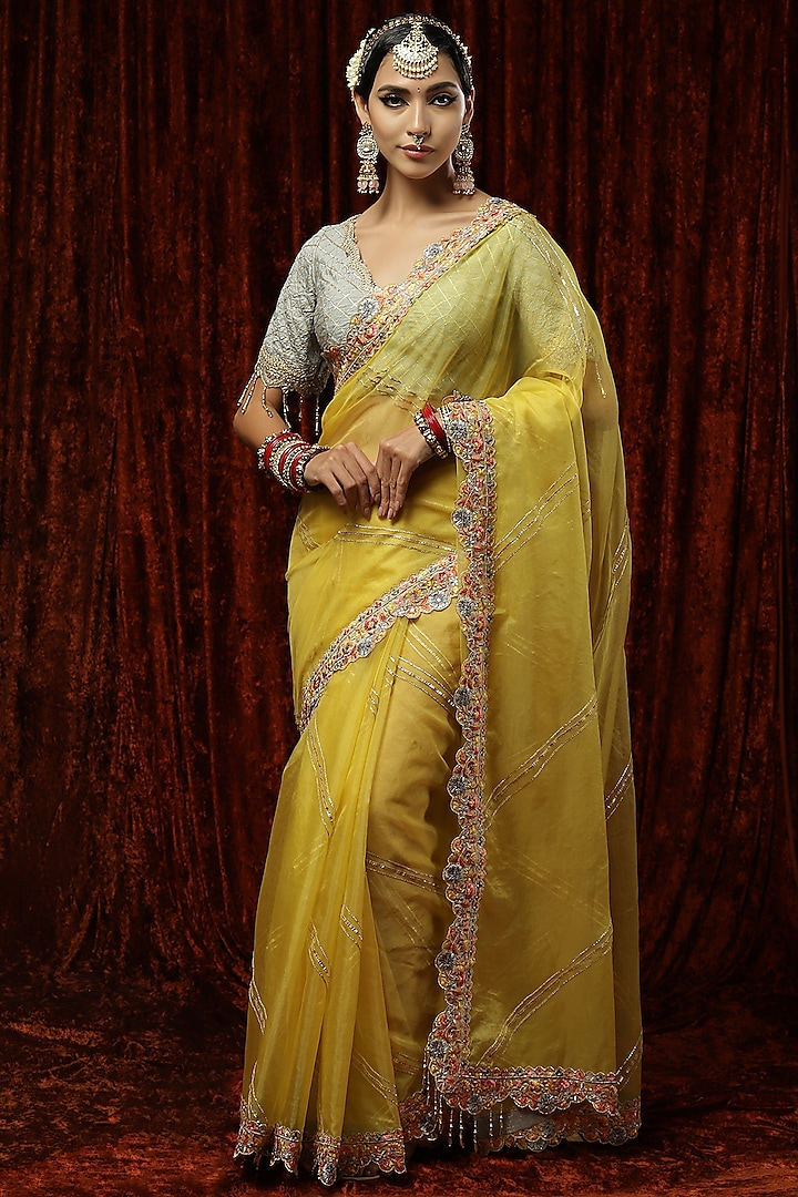 Yellow Silk Organza Embroidered Saree Set by Shikhar Sharma