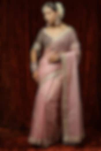 Old Rose Silk Organza Pearl & Badla Embroidered Wedding Saree Set by Shikhar Sharma at Pernia's Pop Up Shop