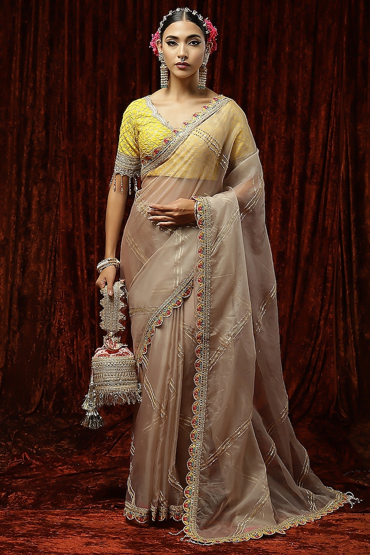 Brown Silk Organza Badla & Kasab Work Saree Set by Shikhar Sharma