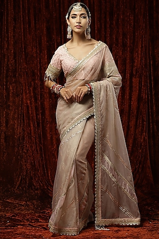 Baby Pink & Gold Silk Organza Embroidered Saree Set by Shikhar Sharma