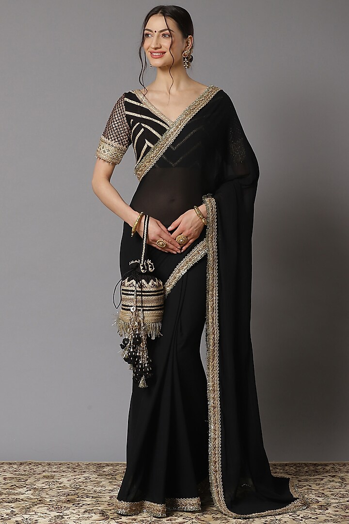 Black Embroidered Saree Set by Shikhar Sharma