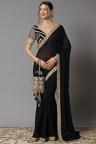 Black Embroidered Saree Set by Shikhar Sharma